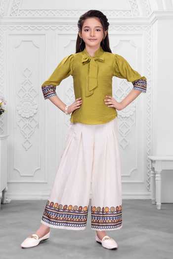 Shop_Mini Stitch_Olive Green Cotton Border Embroidered Top And Palazzo Set _Online_at_Aza_Fashions