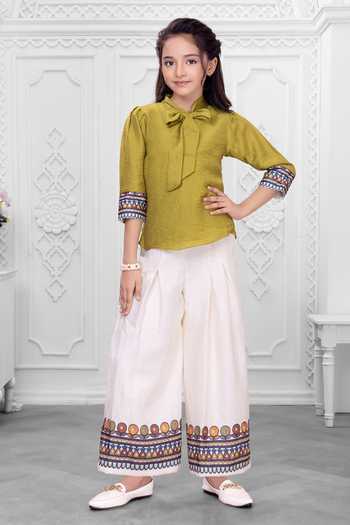 Buy_Mini Stitch_Olive Green Cotton Border Embroidered Top And Palazzo Set _at_Aza_Fashions
