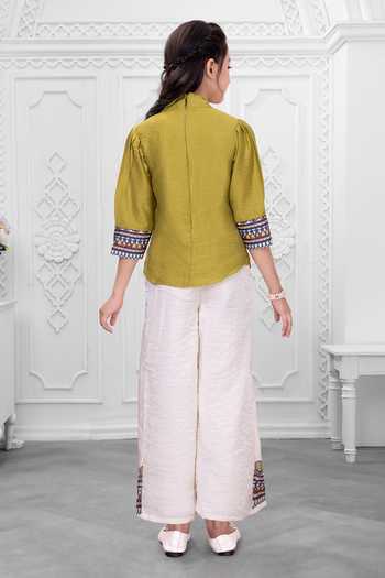 Shop_Mini Stitch_Olive Green Cotton Border Embroidered Top And Palazzo Set _at_Aza_Fashions