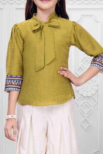 Mini Stitch_Olive Green Cotton Border Embroidered Top And Palazzo Set _at_Aza_Fashions