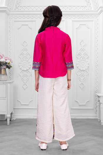 Shop_Mini Stitch_Pink Cotton Border Embroidered Top And Palazzo Set _at_Aza_Fashions