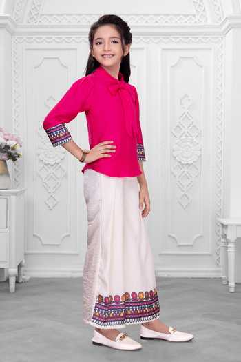 Mini Stitch_Pink Cotton Border Embroidered Top And Palazzo Set _Online_at_Aza_Fashions
