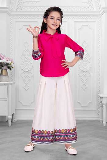 Buy_Mini Stitch_Pink Cotton Border Embroidered Top And Palazzo Set _Online_at_Aza_Fashions