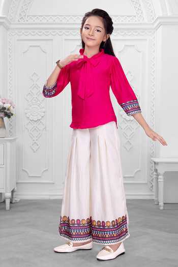 Shop_Mini Stitch_Pink Cotton Border Embroidered Top And Palazzo Set _Online_at_Aza_Fashions