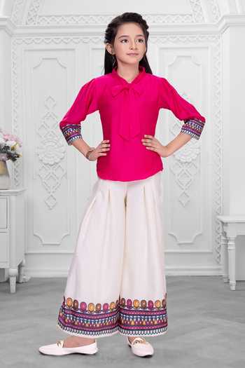Mini Stitch_Pink Cotton Border Embroidered Top And Palazzo Set _at_Aza_Fashions