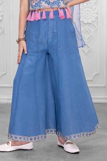 Mini Stitch_Blue Silk, Cotton Embroidered Top Palazzo Set _Online_at_Aza_Fashions