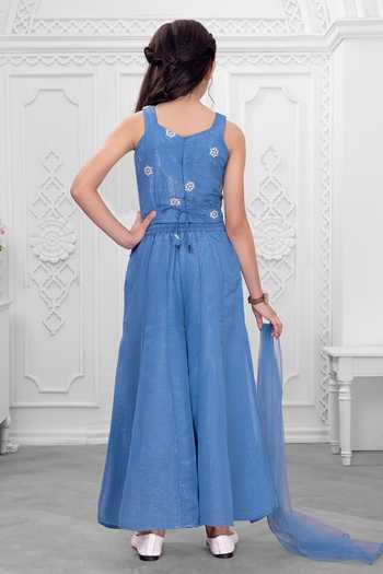 Shop_Mini Stitch_Blue Silk, Cotton Embroidered Top Palazzo Set _at_Aza_Fashions