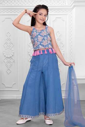 Buy_Mini Stitch_Blue Silk, Cotton Embroidered Top Palazzo Set _Online_at_Aza_Fashions