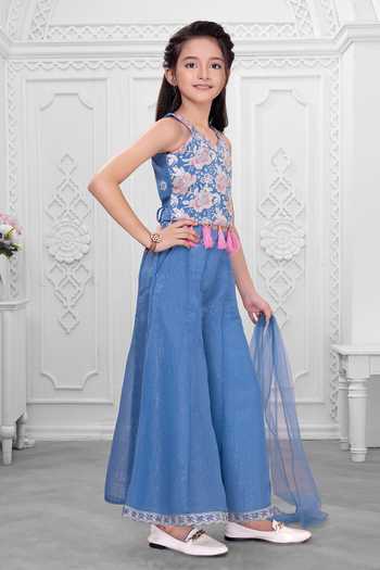 Shop_Mini Stitch_Blue Silk, Cotton Embroidered Top Palazzo Set _Online_at_Aza_Fashions
