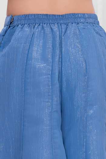 Mini Stitch_Blue Silk, Cotton Embroidered Top Palazzo Set _at_Aza_Fashions