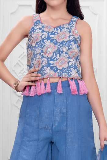 Shop_Mini Stitch_Blue Silk, Cotton Embroidered Top Palazzo Set 
