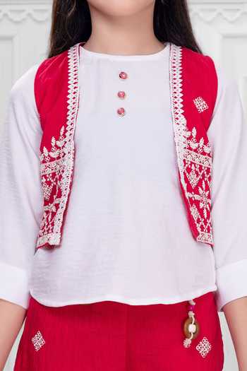 Mini Stitch_Red Cotton Beads, Tassels Embroidered Jacket Palazzo Set _Online_at_Aza_Fashions