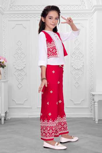 Buy_Mini Stitch_Red Cotton Beads, Tassels Embroidered Jacket Palazzo Set _Online_at_Aza_Fashions