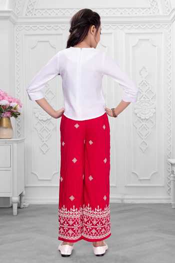 Shop_Mini Stitch_Red Cotton Beads, Tassels Embroidered Jacket Palazzo Set _Online_at_Aza_Fashions