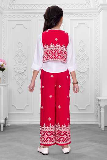 Shop_Mini Stitch_Red Cotton Beads, Tassels Embroidered Jacket Palazzo Set _at_Aza_Fashions