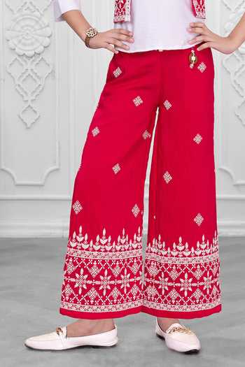 Mini Stitch_Red Cotton Beads, Tassels Embroidered Jacket Palazzo Set _at_Aza_Fashions