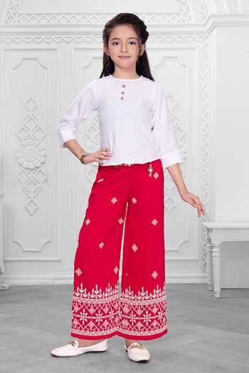 Buy_Mini Stitch_Red Cotton Beads, Tassels Embroidered Jacket Palazzo Set 