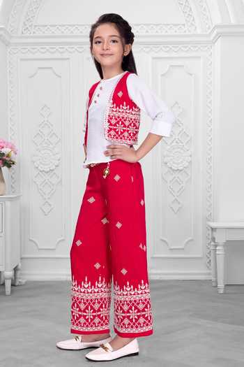 Shop_Mini Stitch_Red Cotton Beads, Tassels Embroidered Jacket Palazzo Set 