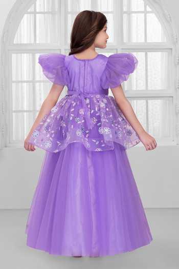 Shop_Mini Stitch_Purple Net Sequins, Fabric Flowers Embroidered Gown _at_Aza_Fashions