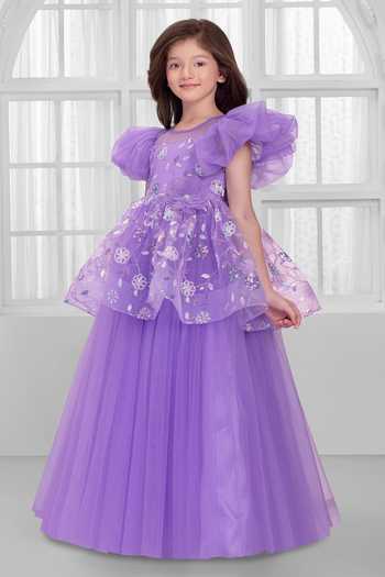 Mini Stitch_Purple Net Sequins, Fabric Flowers Embroidered Gown _Online_at_Aza_Fashions