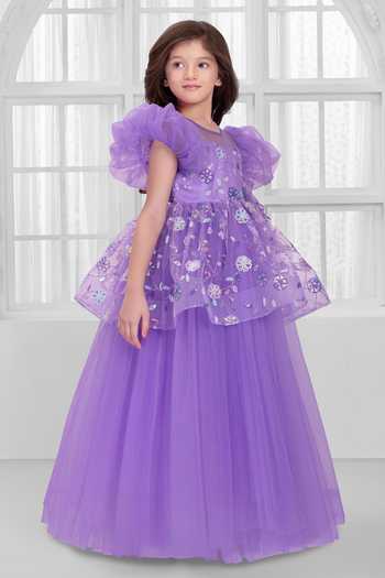 Shop_Mini Stitch_Purple Net Sequins, Fabric Flowers Embroidered Gown _Online_at_Aza_Fashions