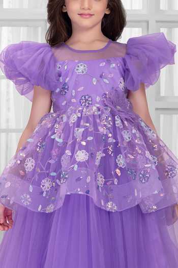 Mini Stitch_Purple Net Sequins, Fabric Flowers Embroidered Gown _at_Aza_Fashions