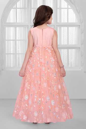 Shop_Mini Stitch_Peach Net Embroidery, Sequins, Fabric Flowers Gown _at_Aza_Fashions