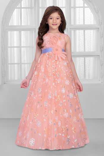 Buy_Mini Stitch_Peach Net Embroidery, Sequins, Fabric Flowers Gown _at_Aza_Fashions