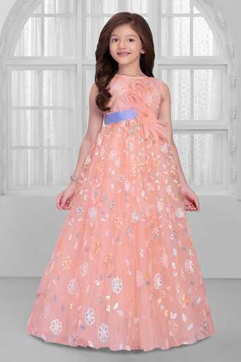 Mini Stitch_Peach Net Embroidery, Sequins, Fabric Flowers Gown _Online_at_Aza_Fashions