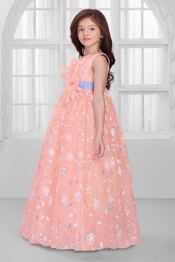 Buy_Mini Stitch_Peach Net Embroidery, Sequins, Fabric Flowers Gown _Online_at_Aza_Fashions