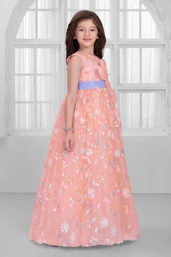 Shop_Mini Stitch_Peach Net Embroidery, Sequins, Fabric Flowers Gown _Online_at_Aza_Fashions