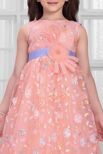 Mini Stitch_Peach Net Embroidery, Sequins, Fabric Flowers Gown _at_Aza_Fashions