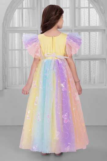 Shop_Mini Stitch_Multi Color Net Embroidery, Sequins, Ruffles Embellished Gown _at_Aza_Fashions