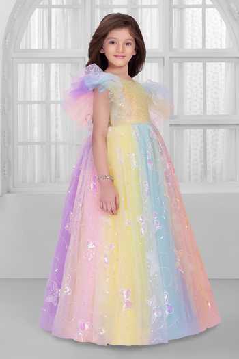 Mini Stitch_Multi Color Net Embroidery, Sequins, Ruffles Embellished Gown _Online_at_Aza_Fashions