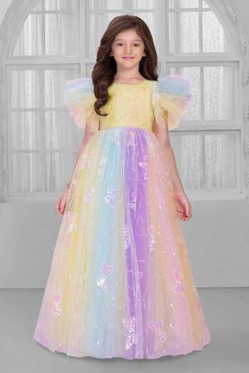 Shop_Mini Stitch_Multi Color Net Embroidery, Sequins, Ruffles Embellished Gown _Online_at_Aza_Fashions