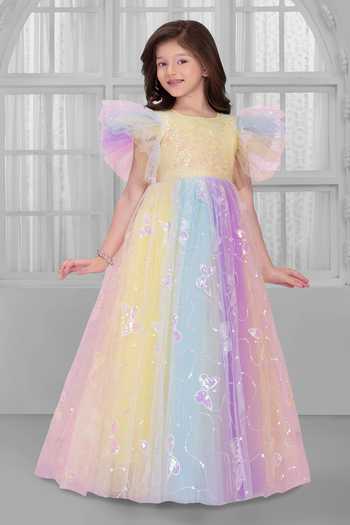 Mini Stitch_Multi Color Net Embroidery, Sequins, Ruffles Embellished Gown _at_Aza_Fashions