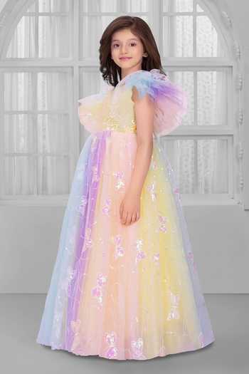 Buy_Mini Stitch_Multi Color Net Embroidery, Sequins, Ruffles Embellished Gown 