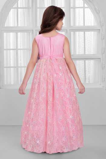 Shop_Mini Stitch_Pink Net Sequins, Lace, Bows Floral Embellished Gown _at_Aza_Fashions