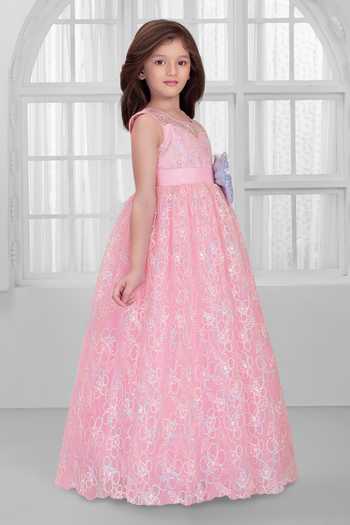 Mini Stitch_Pink Net Sequins, Lace, Bows Floral Embellished Gown _Online_at_Aza_Fashions