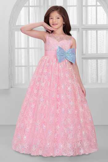 Buy_Mini Stitch_Pink Net Sequins, Lace, Bows Floral Embellished Gown _at_Aza_Fashions