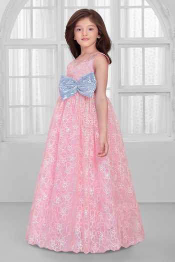 Buy_Mini Stitch_Pink Net Sequins, Lace, Bows Floral Embellished Gown _Online_at_Aza_Fashions