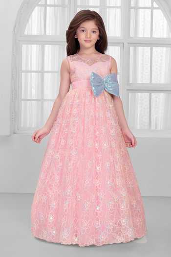 Shop_Mini Stitch_Pink Net Sequins, Lace, Bows Floral Embellished Gown _Online_at_Aza_Fashions
