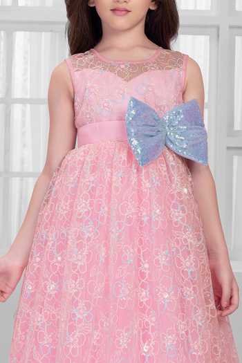 Mini Stitch_Pink Net Sequins, Lace, Bows Floral Embellished Gown _at_Aza_Fashions