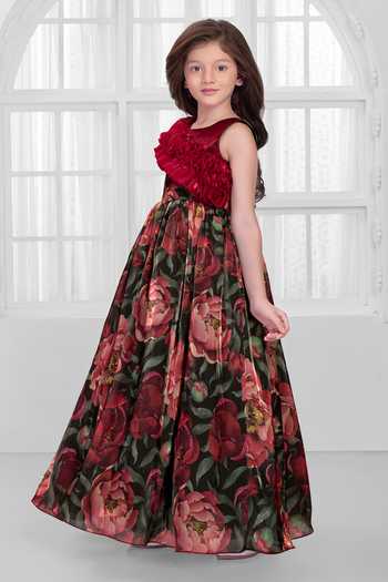Mini Stitch_Maroon Organza Fabric Flowers Floral Print Gown _Online_at_Aza_Fashions