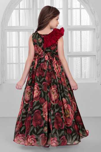Shop_Mini Stitch_Maroon Organza Fabric Flowers Floral Print Gown _at_Aza_Fashions