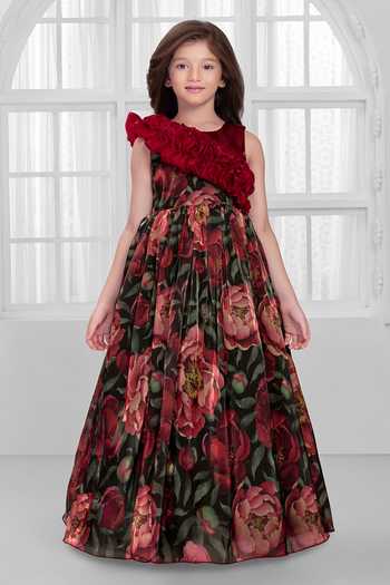 Buy_Mini Stitch_Maroon Organza Fabric Flowers Floral Print Gown _Online_at_Aza_Fashions