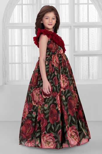 Shop_Mini Stitch_Maroon Organza Fabric Flowers Floral Print Gown _Online_at_Aza_Fashions