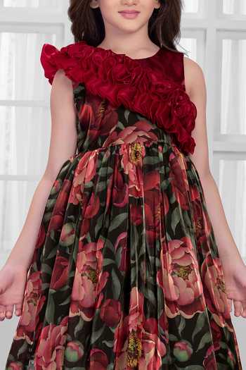 Mini Stitch_Maroon Organza Fabric Flowers Floral Print Gown _at_Aza_Fashions