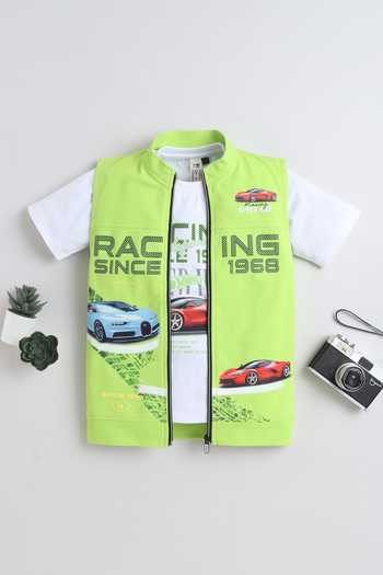Buy_Mini Stitch_Green Cotton, Knit Printed T Shirt And Jacket Set _at_Aza_Fashions