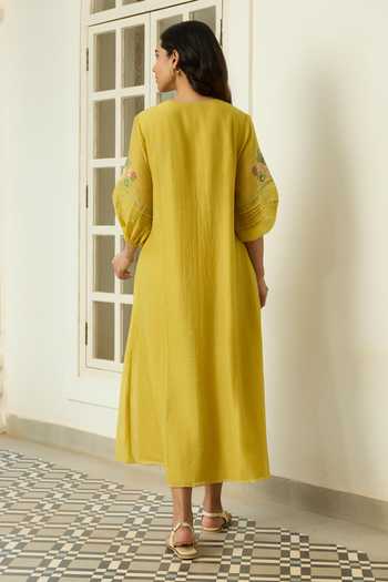 Vaayu_Yellow Cotton, Muslin Split V-neck Marigold Applique Work Dress _Online_at_Aza_Fashions